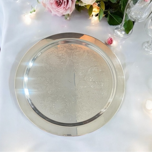 Silver Plated Serving Platter 20" Lg Butlers Tray Embossed Scroll Monogrammed L - Picture 1 of 5